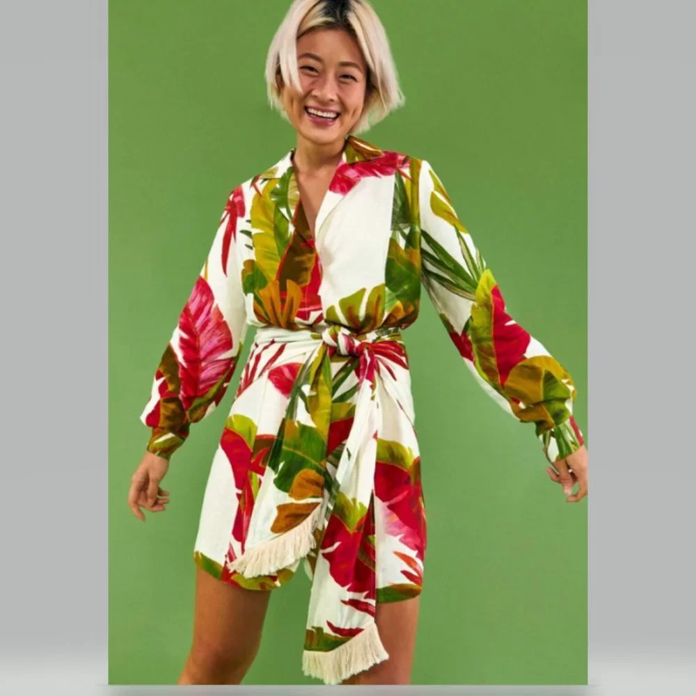 FARM Rio White Mini Dress with Green, Pink and Brown Tropical Leaves - Picture 3 of 13
